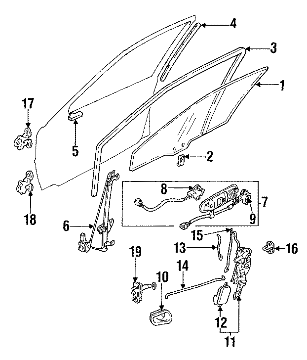 19FRONT DOOR. GLASS & HARDWARE.https://images.simplepart.com/images/parts/motor/fullsize/6270284.png