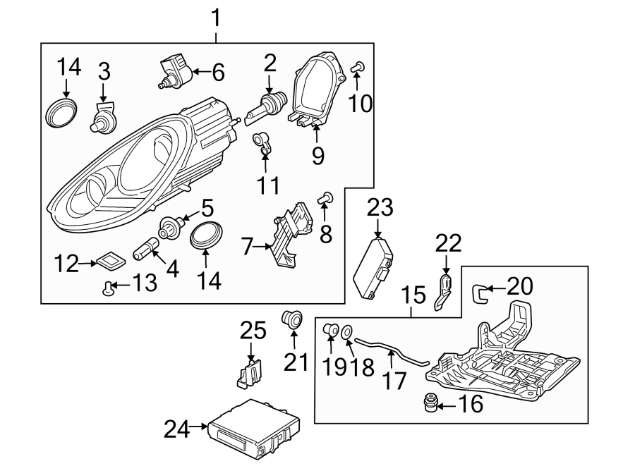 Diagram FRONT LAMPS. HEADLAMP COMPONENTS. for your 2018 Porsche Cayenne  Base Sport Utility 