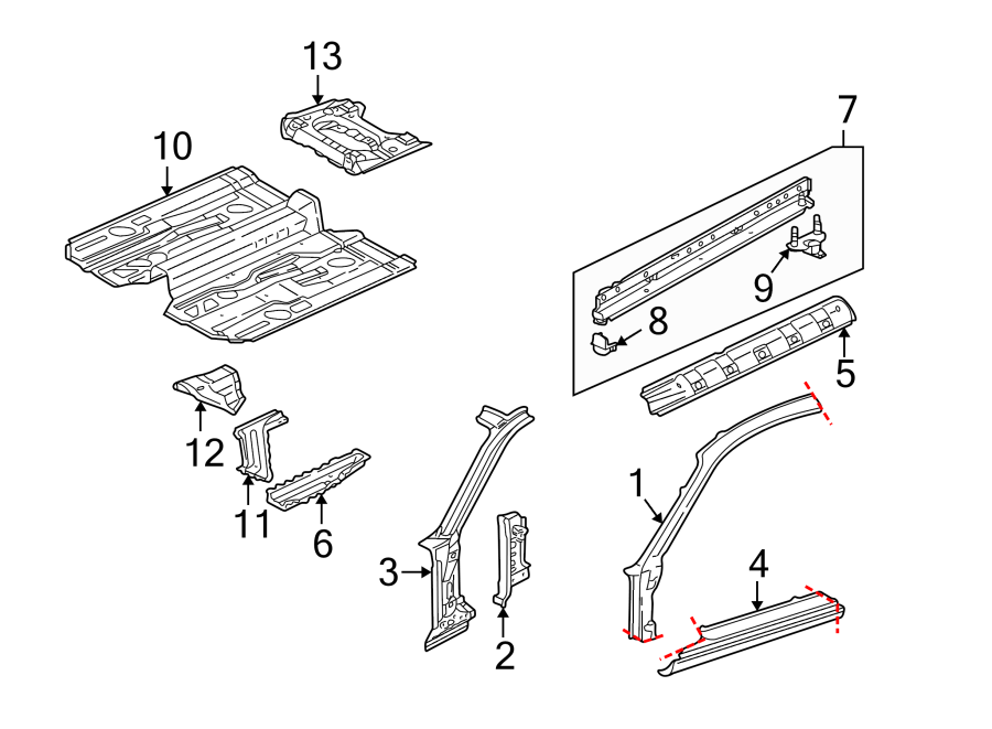 7Pillars. Rocker & floor. Floor & rails. Hinge pillar.https://images.simplepart.com/images/parts/motor/fullsize/6932380.png