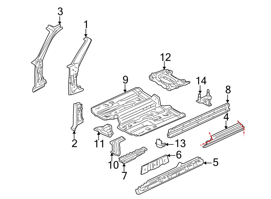 7Pillars. Rocker & floor. Floor & rails. Hinge pillar.https://images.simplepart.com/images/parts/motor/fullsize/6932400.png