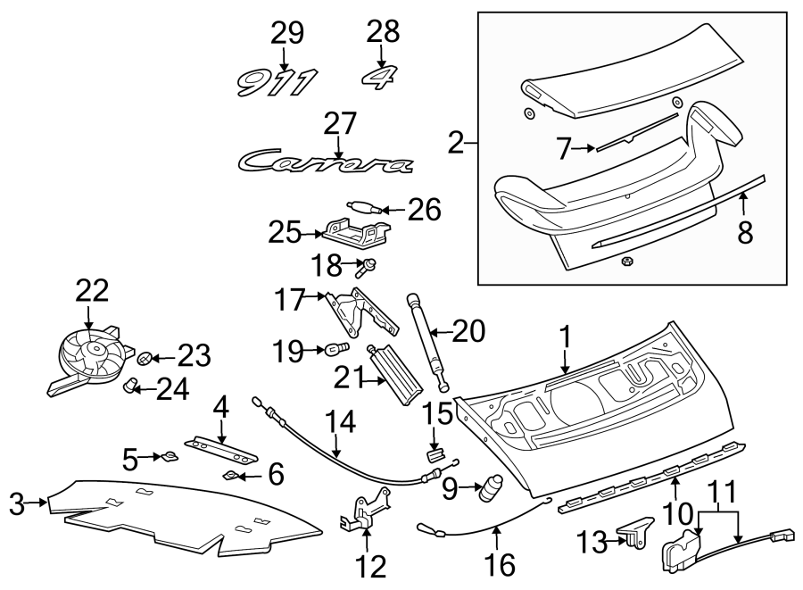 Diagram Engine lid. Roof. Exterior trim. Lid & components. for your 2009 Porsche Cayenne   