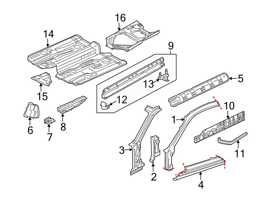 1Pillars. Rocker & floor. Floor & rails. Hinge pillar.https://images.simplepart.com/images/parts/motor/fullsize/6933390.png