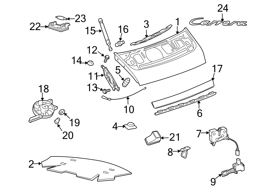 Diagram ENGINE LID. EXTERIOR TRIM. LID & COMPONENTS. for your 2013 Porsche Cayenne   