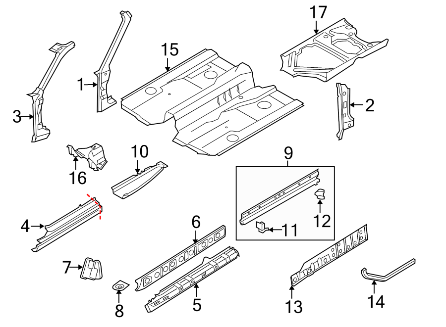 17PILLARS. ROCKER & FLOOR. FLOOR & RAILS. HINGE PILLAR.https://images.simplepart.com/images/parts/motor/fullsize/6933725.png