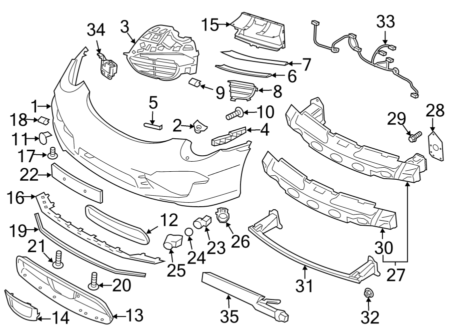 Diagram Front bumper. Restraint systems. Bumper & components. for your 2003 Porsche Cayenne   