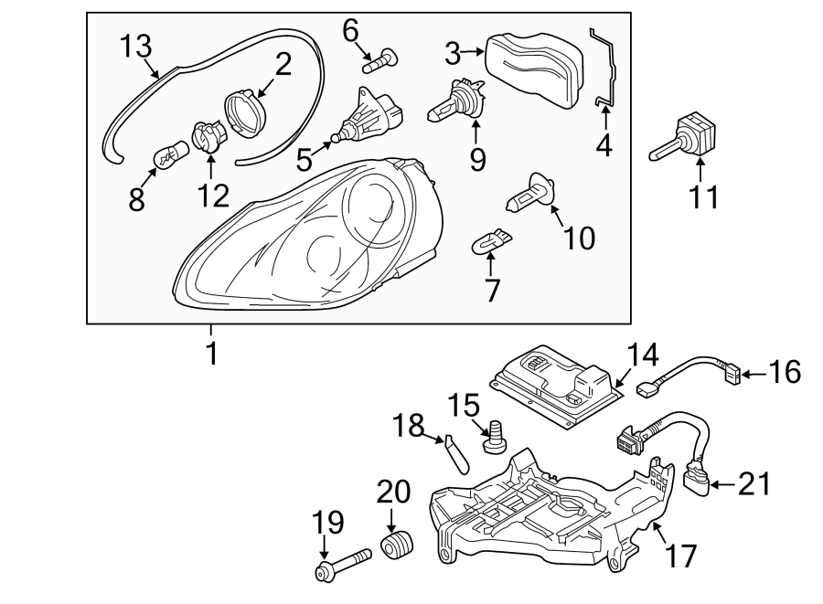 Diagram FRONT LAMPS. HEADLAMP COMPONENTS. for your 2005 Porsche Cayenne   