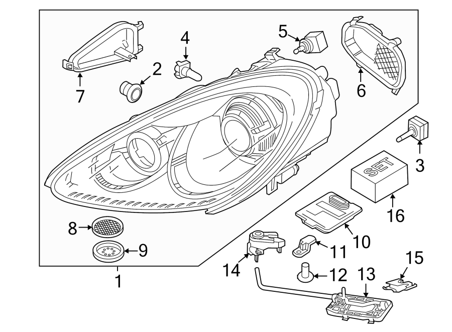 Diagram FRONT LAMPS. HEADLAMP COMPONENTS. for your Porsche