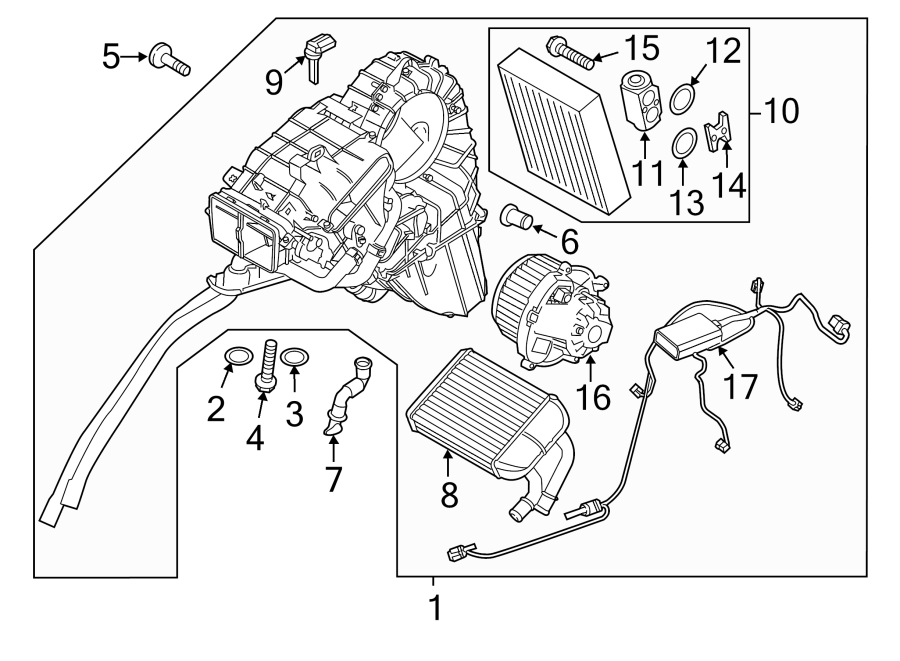 Diagram AIR CONDITIONER & HEATER. EVAPORATOR & HEATER COMPONENTS. for your 2014 Porsche Cayenne  Turbo S Sport Utility 