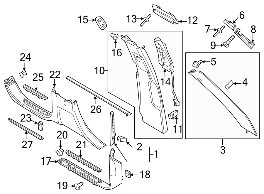 Diagram PILLARS. ROCKER & FLOOR. INTERIOR TRIM. for your 2014 Porsche Cayenne 3.6L V6 A/T Platinum Edition Sport Utility 