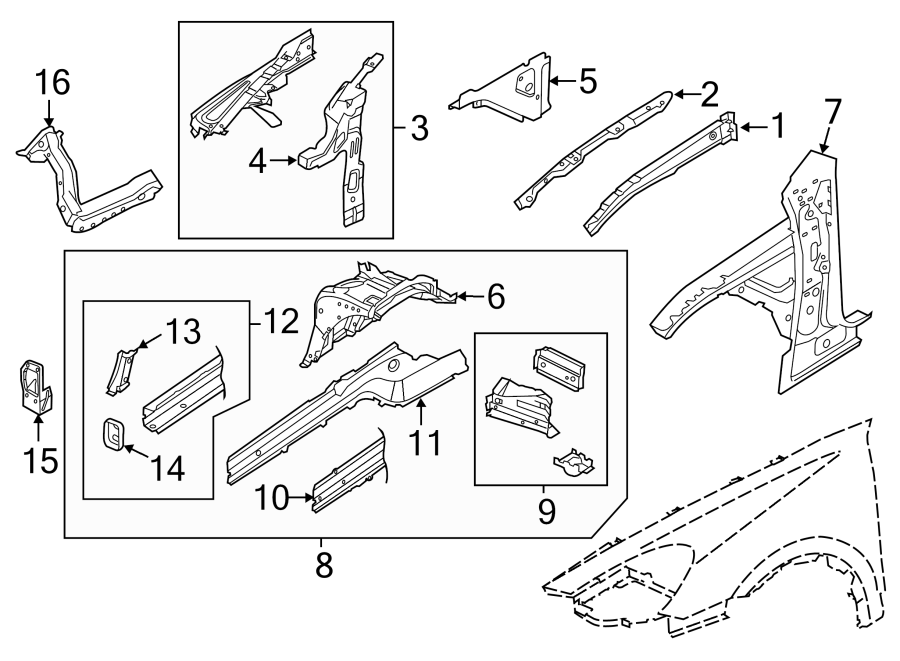 Diagram FENDER. STRUCTURAL COMPONENTS & RAILS. for your 2011 Porsche Cayenne  S Hybrid Sport Utility 