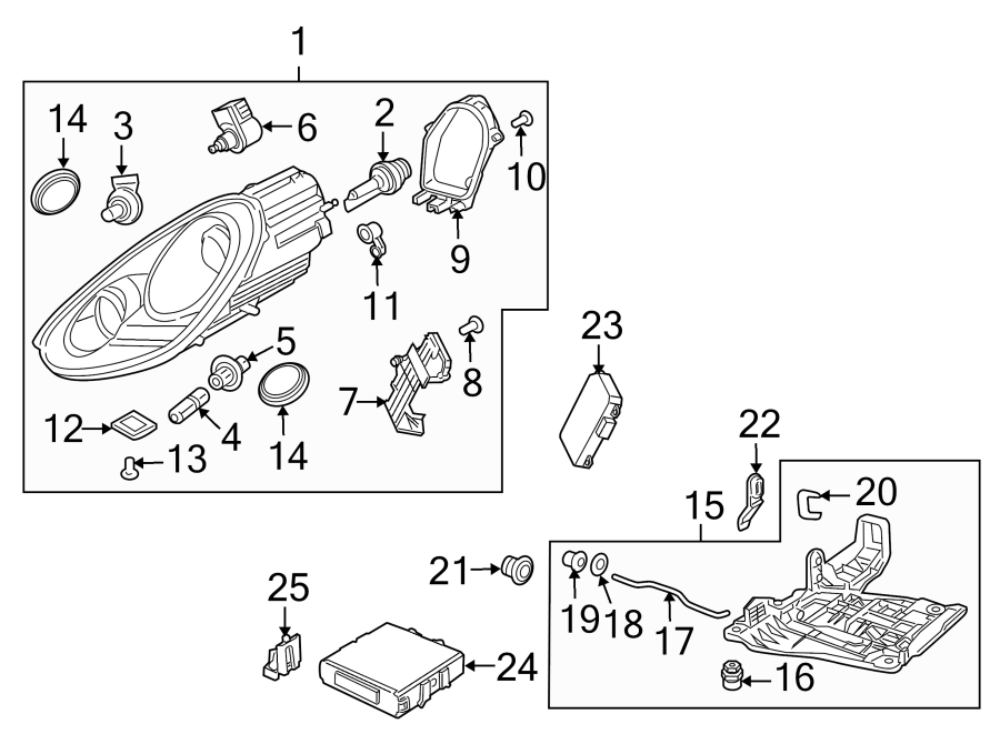 Diagram FRONT LAMPS. HEADLAMP COMPONENTS. for your 2010 Porsche Panamera  S Hatchback 