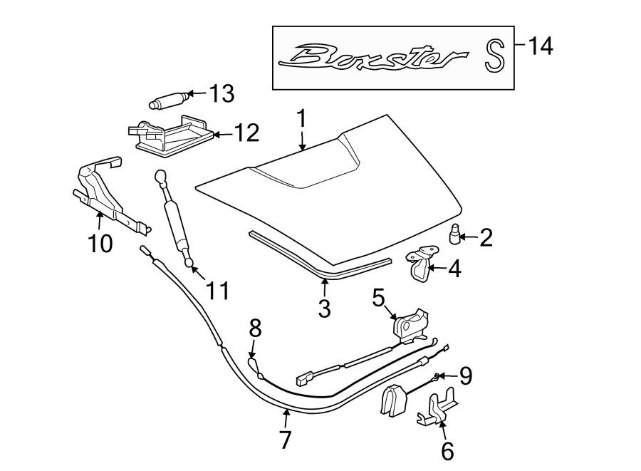 Diagram ENGINE LID. EXTERIOR TRIM. LID & COMPONENTS. for your 2012 Porsche Cayenne   