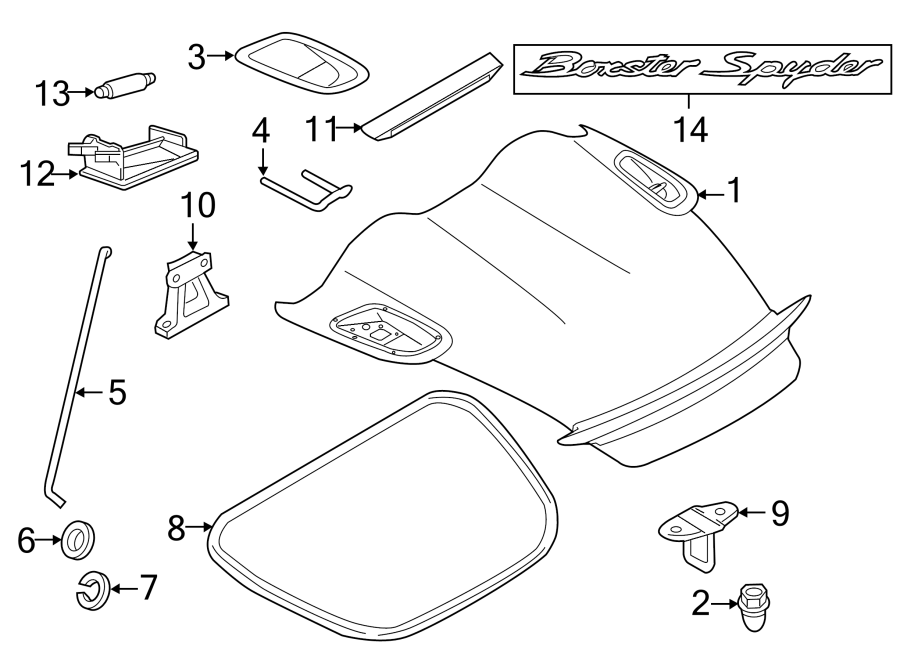 Diagram ENGINE LID. EXTERIOR TRIM. LID & COMPONENTS. for your 2009 Porsche Cayenne   