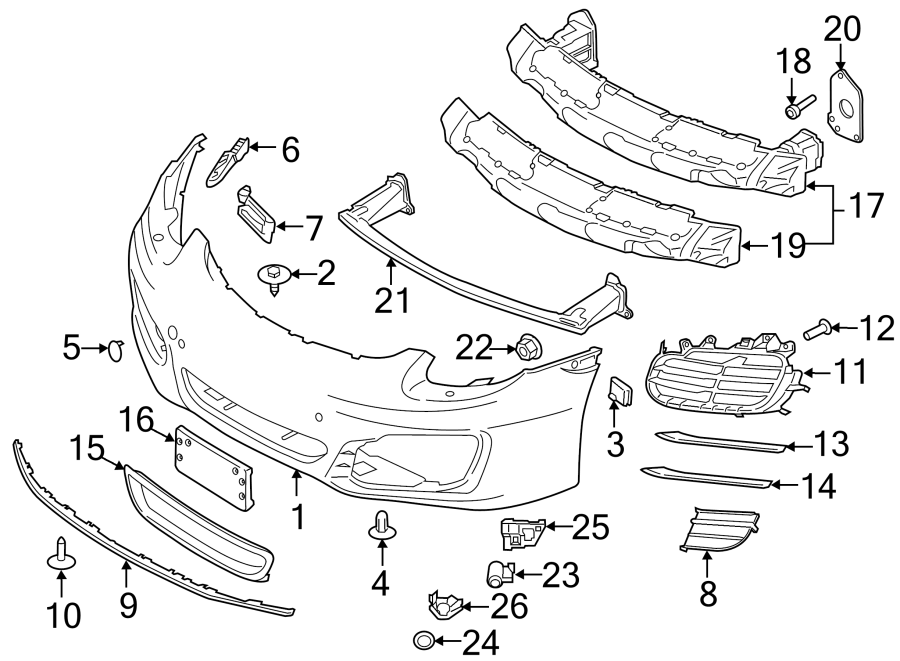 Diagram FRONT BUMPER. BUMPER & COMPONENTS. for your 2010 Porsche Cayenne  Turbo S Sport Utility 