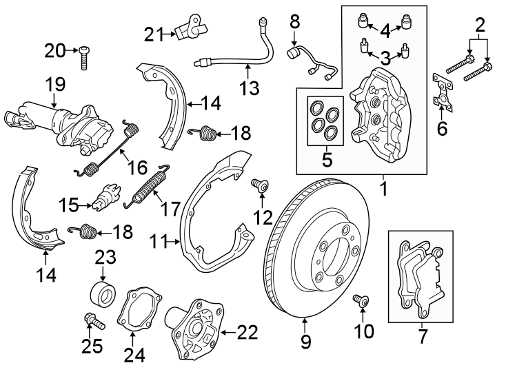 24Rear suspension. Brake components.https://images.simplepart.com/images/parts/motor/fullsize/6965865.png