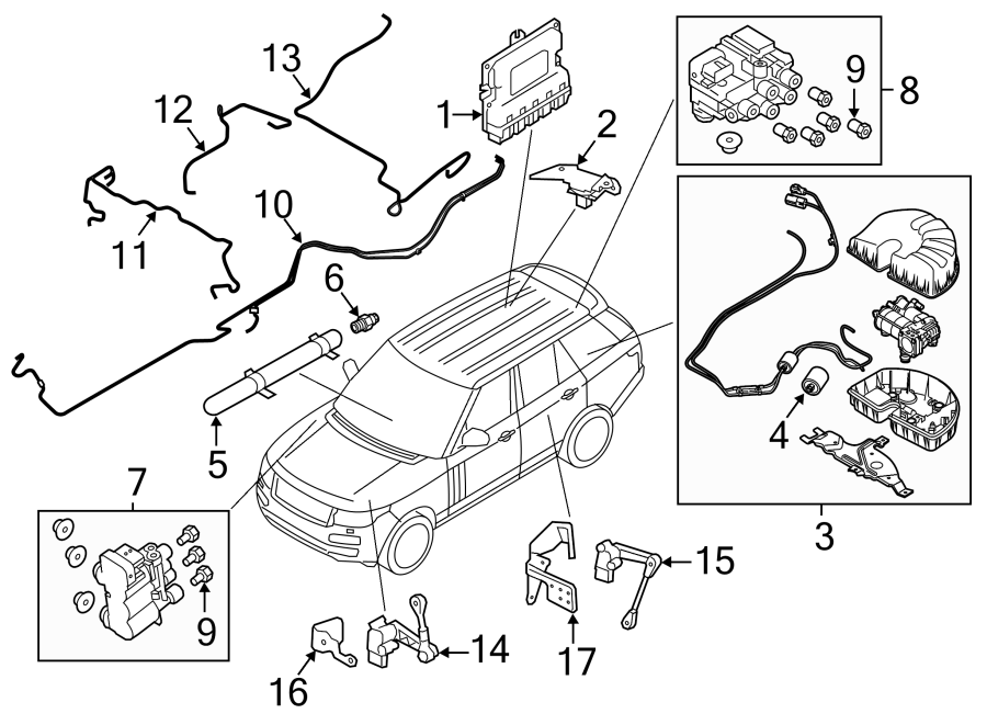 Diagram RIDE CONTROL COMPONENTS. for your 2020 Land Rover Range Rover Sport 3.0L Td6 V6 DIESEL A/T 4WD HSE Sport Utility 