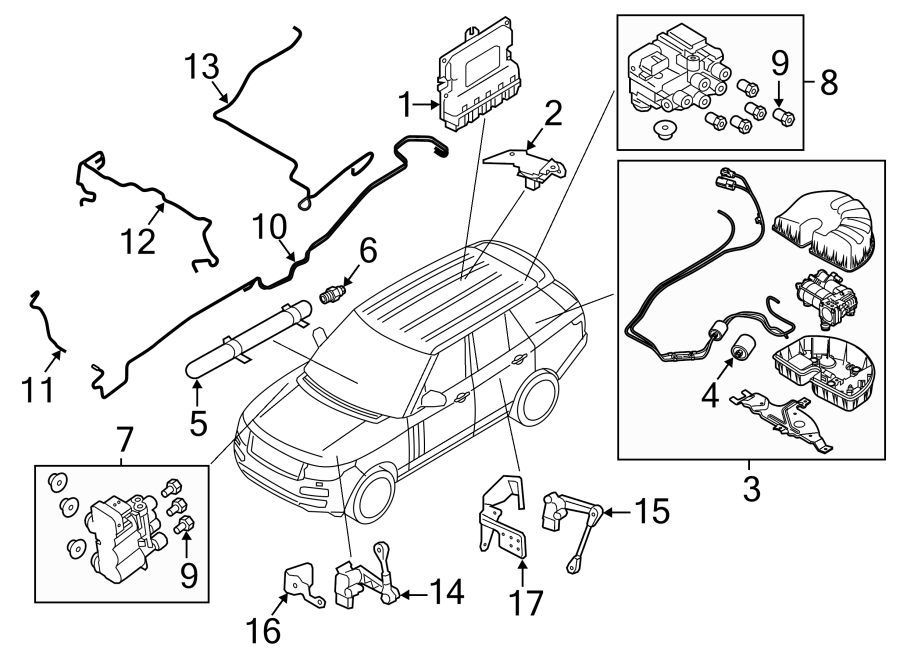 Diagram RIDE CONTROL COMPONENTS. for your 2018 Land Rover Range Rover Sport 3.0L Td6 V6 DIESEL A/T 4WD HSE Sport Utility 