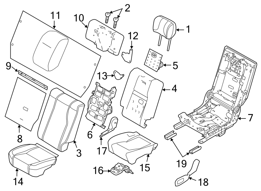 Diagram SEATS & TRACKS. REAR SEAT COMPONENTS. for your 2018 Land Rover Range Rover Velar 3.0L V6 A/T S Sport Utility 