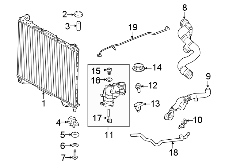 Diagram Radiator & components. for your 2021 Land Rover Range Rover Sport 2.0L Ingenium PLUG-IN HYBRID EV-GAS (PHEV) A/T AWD HSE Silver Edition Sport Utilit 