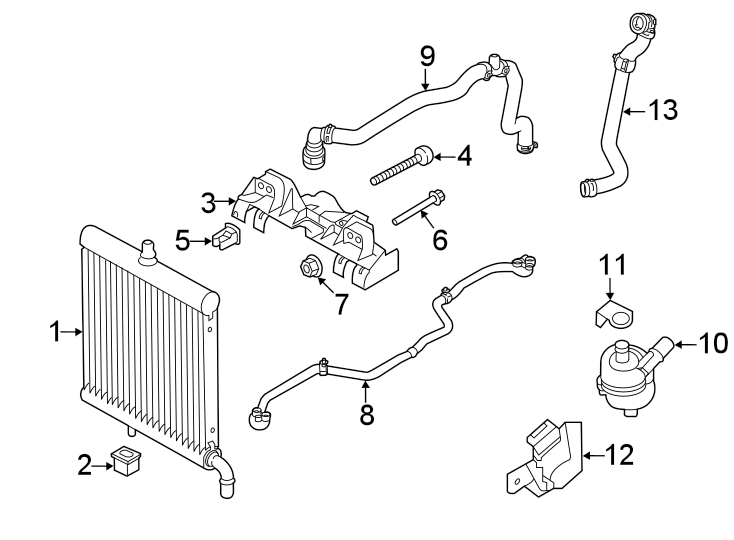 Diagram Radiator & components. for your 2021 Land Rover Range Rover Sport 2.0L Ingenium PLUG-IN HYBRID EV-GAS (PHEV) A/T AWD Autobiography Sport Utility 