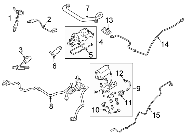 Diagram Emission system. Emission components. for your 2023 Land Rover Range Rover Velar   