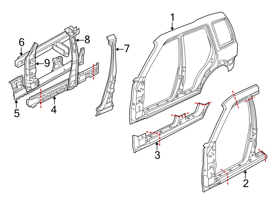 Full size assembly image of PILLARS. ROCKER & FLOOR. CENTER PILLAR. ROCKER PANEL. UNISIDE. (1/1)