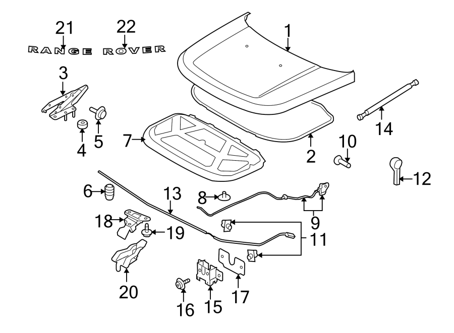 Diagram EXTERIOR TRIM. HOOD & COMPONENTS. for your Land Rover