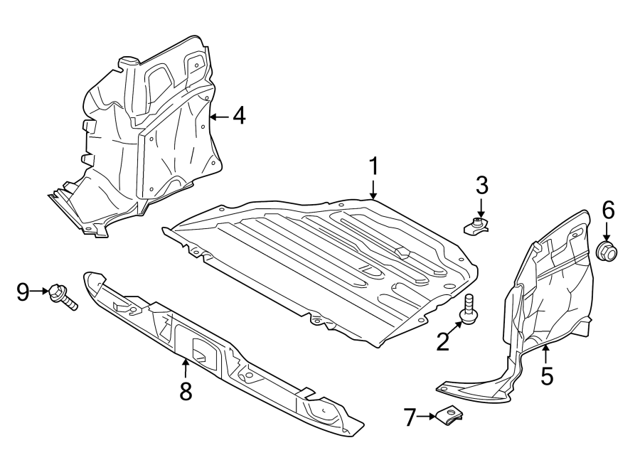 Diagram RADIATOR SUPPORT. SPLASH SHIELDS. for your 2018 Land Rover Range Rover Evoque 2.0L Ingenium A/T SE Dynamic Convertible 