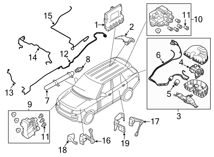 Diagram RIDE CONTROL COMPONENTS. for your 2017 Land Rover Range Rover Sport 3.0L Td6 V6 DIESEL A/T SE Sport Utility 