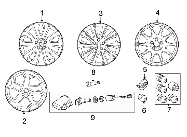 Diagram Wheels. for your 2023 Land Rover Range Rover 3.0L 6 cylinder PLUG-IN HYBRID EV-GAS (PHEV) A/T SE Sport Utility 