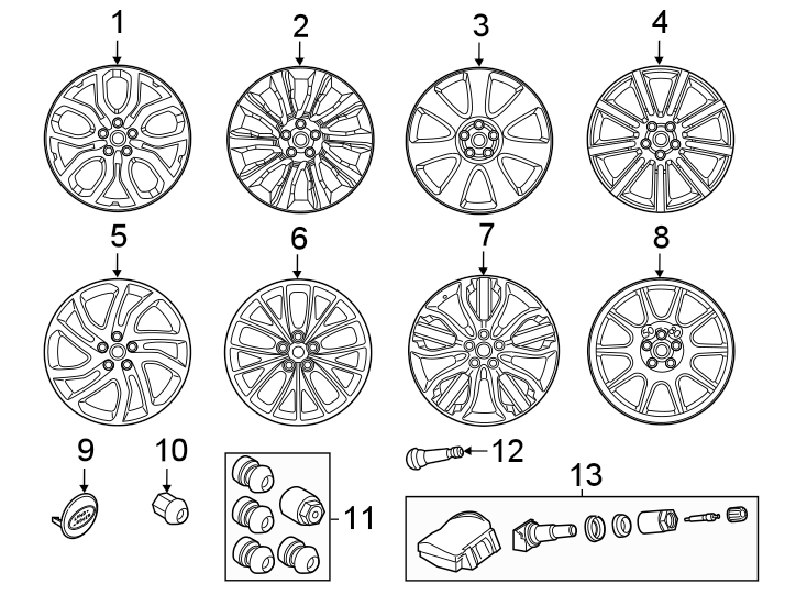 Diagram Wheels. for your 2023 Land Rover Range Rover 3.0L 6 cylinder PLUG-IN HYBRID EV-GAS (PHEV) A/T SE Sport Utility 