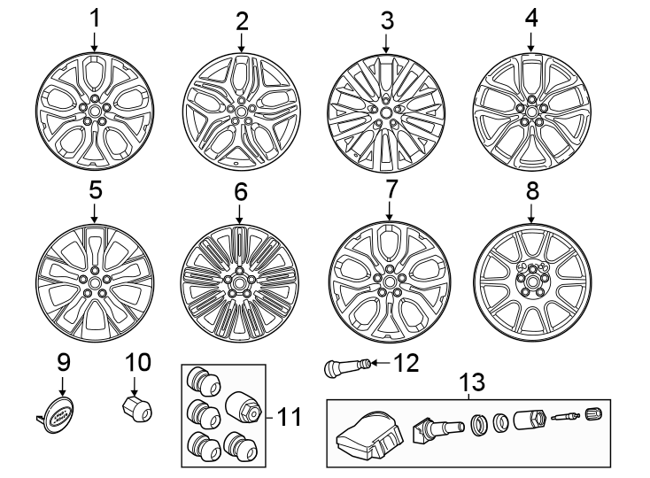 Diagram Wheels. for your 2020 Land Rover Range Rover 3.0L 6 cylinder MILD HYBRID EV-GAS (MHEV) A/T AWD HSE Sport Utility 