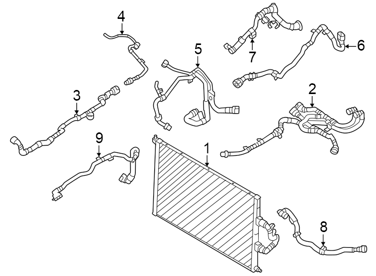 Diagram Radiator & components. for your 2023 Land Rover Range Rover Sport 3.0L 6 cylinder PLUG-IN HYBRID EV-GAS (PHEV) A/T Autobiography Sport Utility 