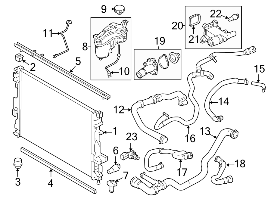 Diagram RADIATOR & COMPONENTS. for your 2013 Land Rover Range Rover Evoque  Pure Sport Utility 