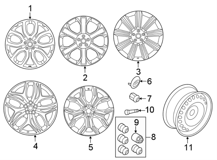 Diagram WHEELS. for your 2023 Land Rover Range Rover 3.0L 6 cylinder PLUG-IN HYBRID EV-GAS (PHEV) A/T SE Sport Utility 