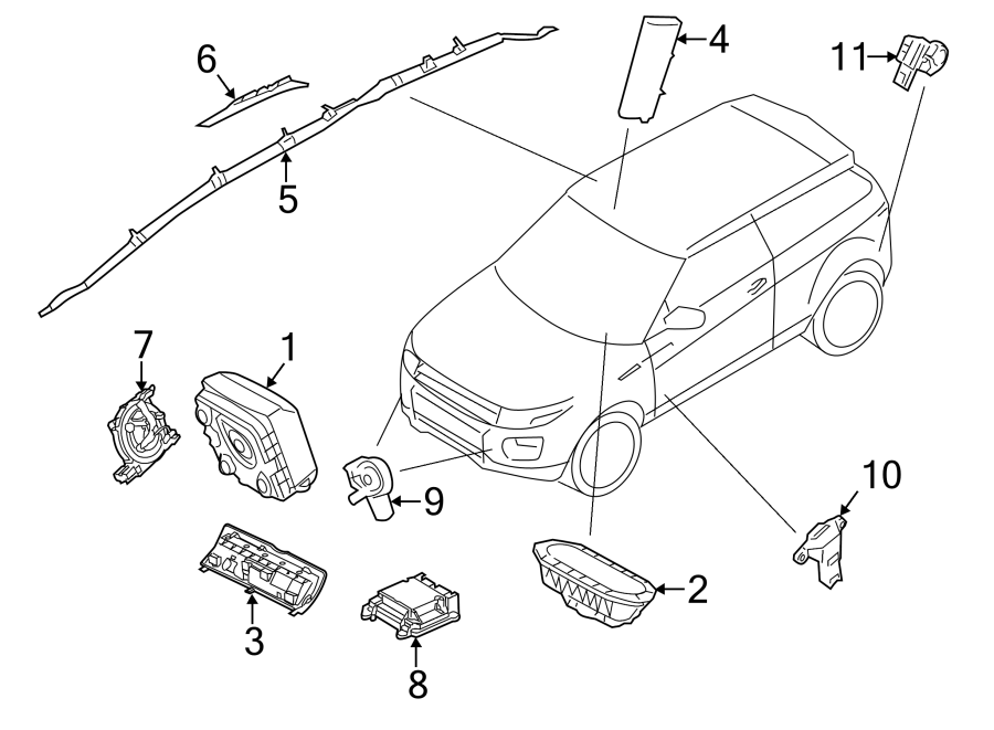 Diagram RESTRAINT SYSTEMS. AIR BAG COMPONENTS. for your 2018 Land Rover Range Rover Evoque 2.0L Ingenium A/T HSE Dynamic Convertible 