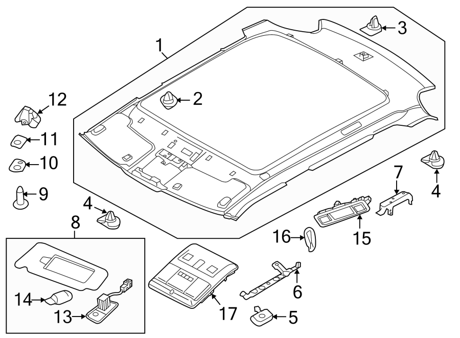 Diagram ROOF. INTERIOR TRIM. for your 2019 Land Rover Range Rover Evoque  HSE Sport Utility 