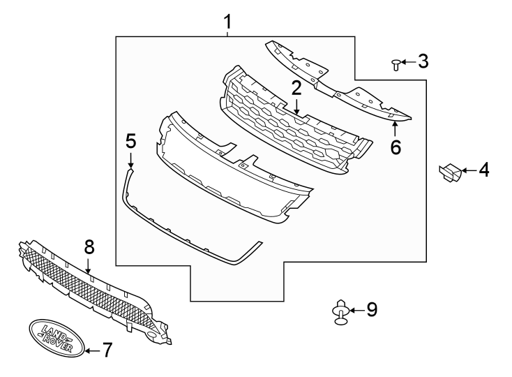 Diagram GRILLE & COMPONENTS. for your 2018 Land Rover Range Rover  Supercharged Sport Utility 