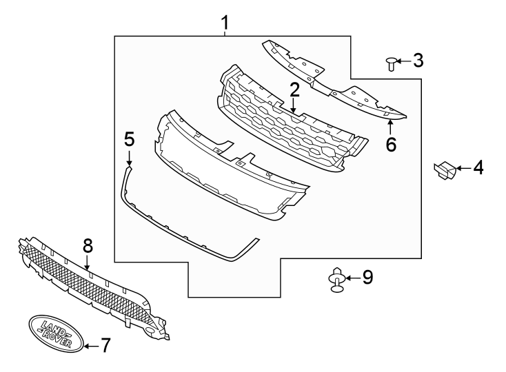 Diagram GRILLE & COMPONENTS. for your Land Rover