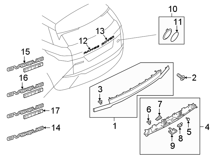 Diagram LIFT GATE. EXTERIOR TRIM. for your 2023 Land Rover Range Rover Evoque  R-Dynamic SE Sport Utility 