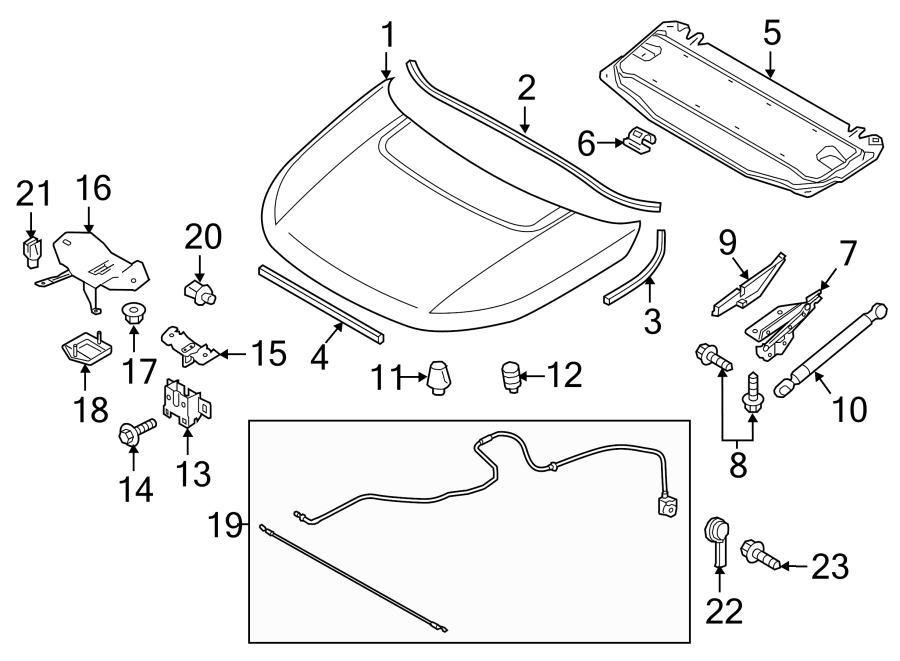 Diagram HOOD & COMPONENTS. for your 2018 Land Rover Range Rover Velar 3.0L V6 A/T S Sport Utility 