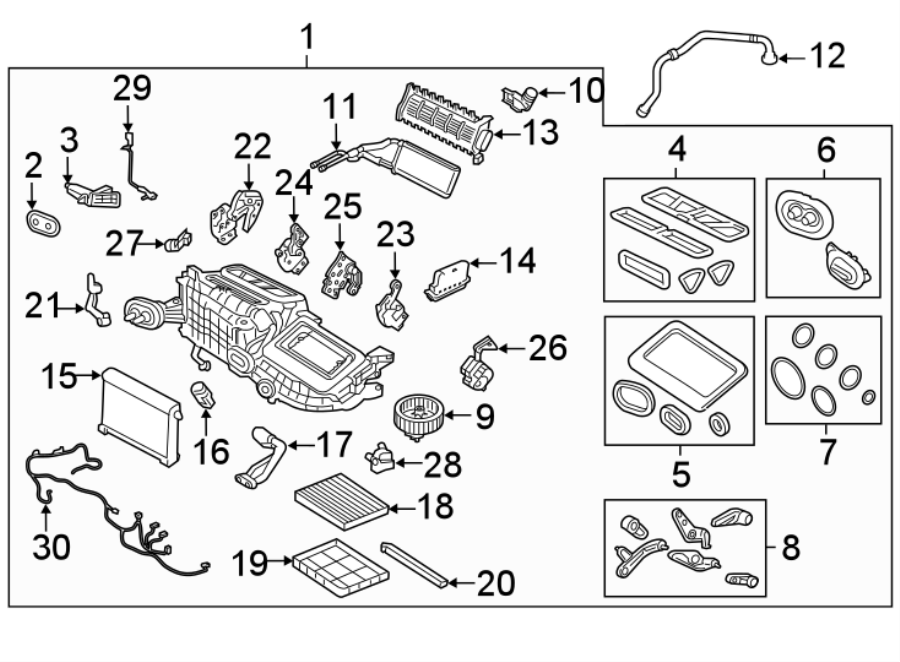 Diagram AIR CONDITIONER & HEATER. EVAPORATOR & HEATER COMPONENTS. for your 2018 Land Rover Range Rover Velar  S Sport Utility 