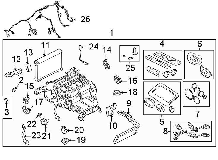 Diagram Air conditioner & heater. Evaporator & heater components. for your Land Rover