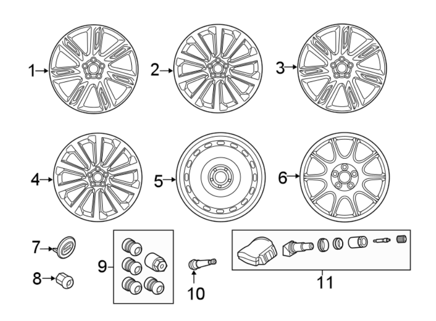 Diagram WHEELS. for your 2023 Land Rover Range Rover 3.0L 6 cylinder PLUG-IN HYBRID EV-GAS (PHEV) A/T SE Sport Utility 