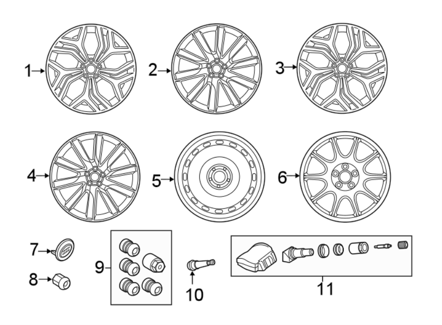 Diagram WHEELS. for your 2023 Land Rover Range Rover 3.0L 6 cylinder PLUG-IN HYBRID EV-GAS (PHEV) A/T SE Sport Utility 