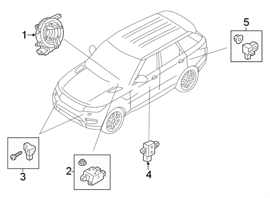 Diagram RESTRAINT SYSTEMS. AIR BAG COMPONENTS. for your 2022 Land Rover Range Rover Velar 3.0L 6 cylinder MILD HYBRID EV-GAS (MHEV) A/T R-Dynamic S Sport Utility 