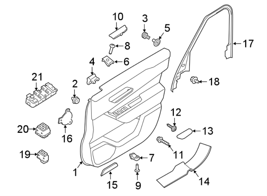 Diagram FRONT DOOR. INTERIOR TRIM. for your 2022 Land Rover Range Rover Velar 3.0L 6 cylinder MILD HYBRID EV-GAS (MHEV) A/T R-Dynamic S Sport Utility 