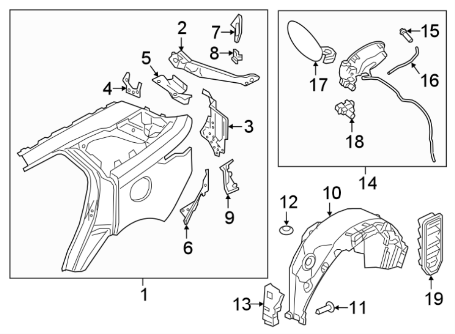 Diagram QUARTER PANEL & COMPONENTS. for your 2023 Land Rover Range Rover Velar 3.0L 6 cylinder MILD HYBRID EV-GAS (MHEV) A/T R-Dynamic S Sport Utility 