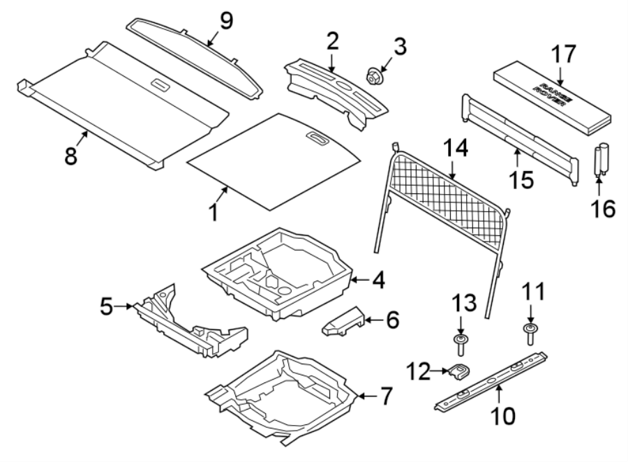 Diagram REAR BODY & FLOOR. INTERIOR TRIM. for your 2022 Land Rover Range Rover Velar 3.0L 6 cylinder MILD HYBRID EV-GAS (MHEV) A/T R-Dynamic S Sport Utility 