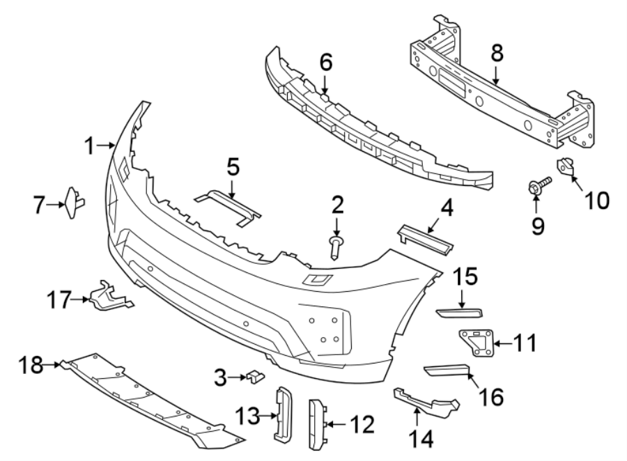 Diagram FRONT BUMPER & GRILLE. BUMPER & COMPONENTS. for your Land Rover